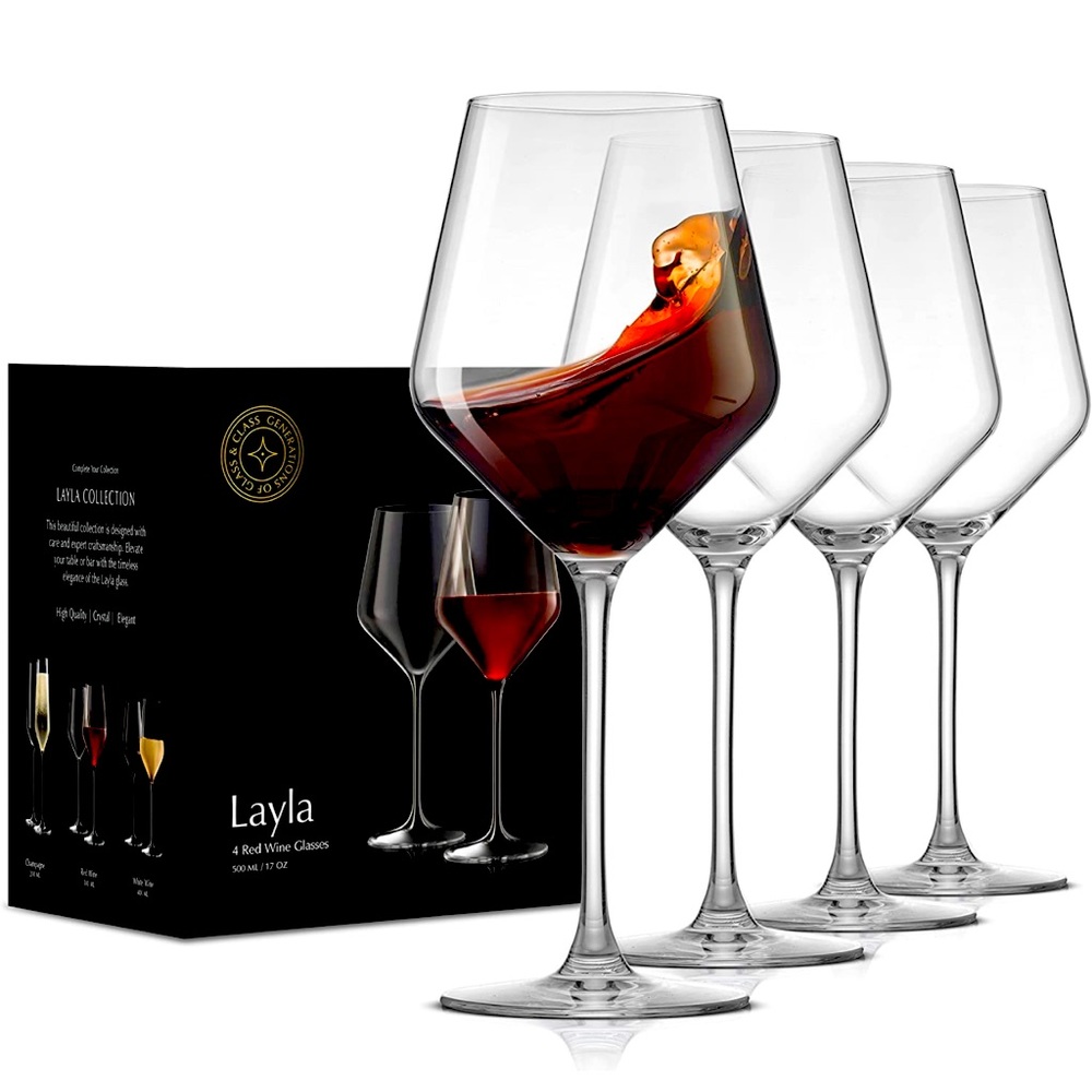 Layla Red Wine Glasses, Set of 4 Italian Wine Glasses, 17 oz Clear Wine Glasses